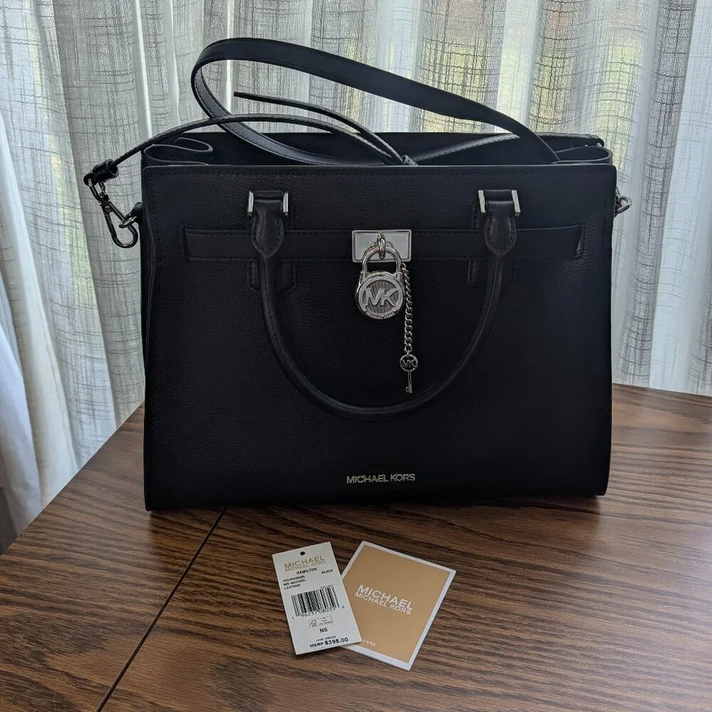 MICHAEL KORS HAMILTON MEDIUM CROSSBODY SATCHEL HANDBAG LEATHER BAG (BLACK) - Picture 5 of 7